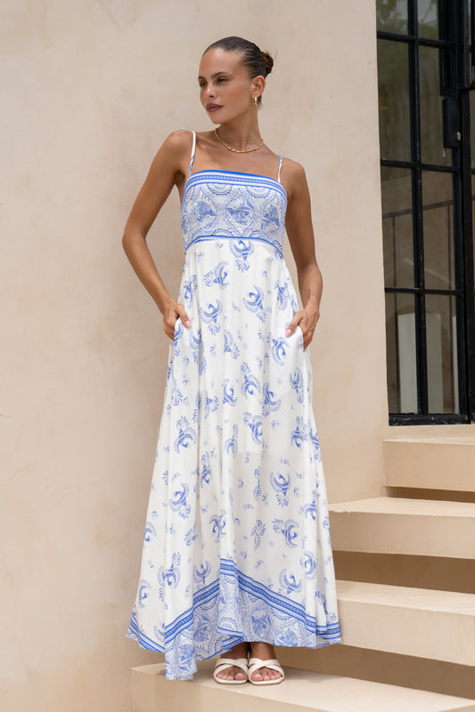 Aviana Blue Boho Flared Maxi Dress