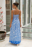 Nerina Blue Abstract Stripe Flared Maxi Dress