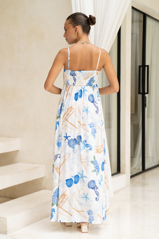 Nautical Blue Abstract Flared Maxi Dress