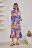 Cordelia Blue Abstract Patchwork Belted Midi Dress