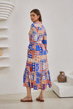 Cordelia Blue Abstract Patchwork Belted Midi Dress