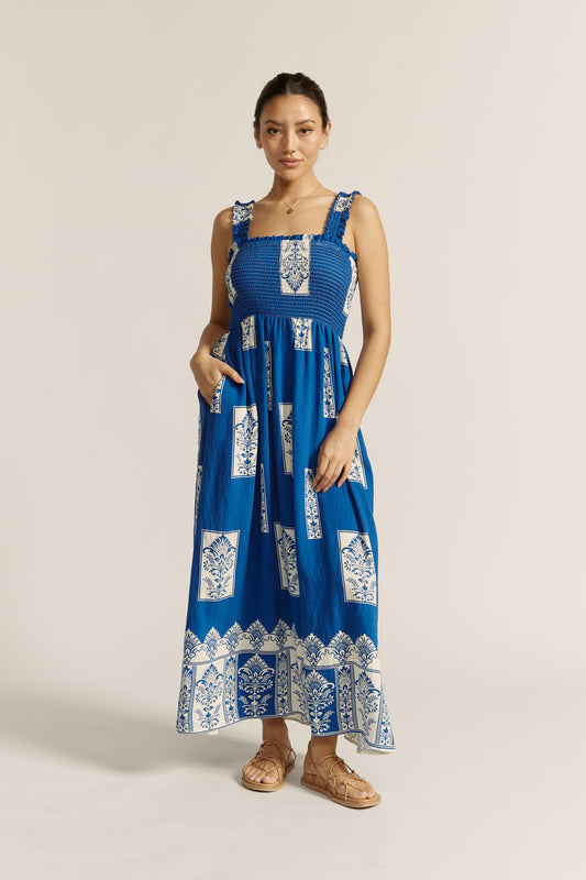 Selina Blue Abstract Square Neck Maxi Dress