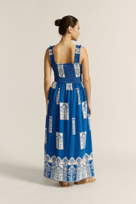 Selina Blue Abstract Square Neck Maxi Dress