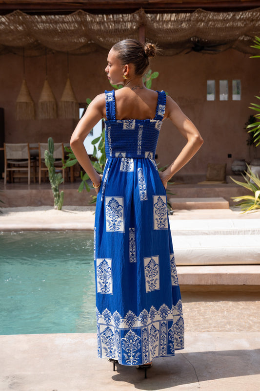 Selina Blue Abstract Square Neck Maxi Dress