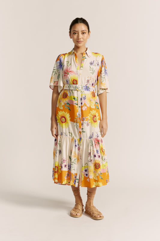 Liora Yellow Floral Belted Midi Dress