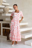 Naia Red Abstract Puff Sleeve Maxi Dress