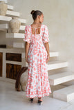 Naia Red Abstract Puff Sleeve Maxi Dress