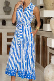 Nerina Blue Abstract Stripe Sleeveless Belted Midi Dress