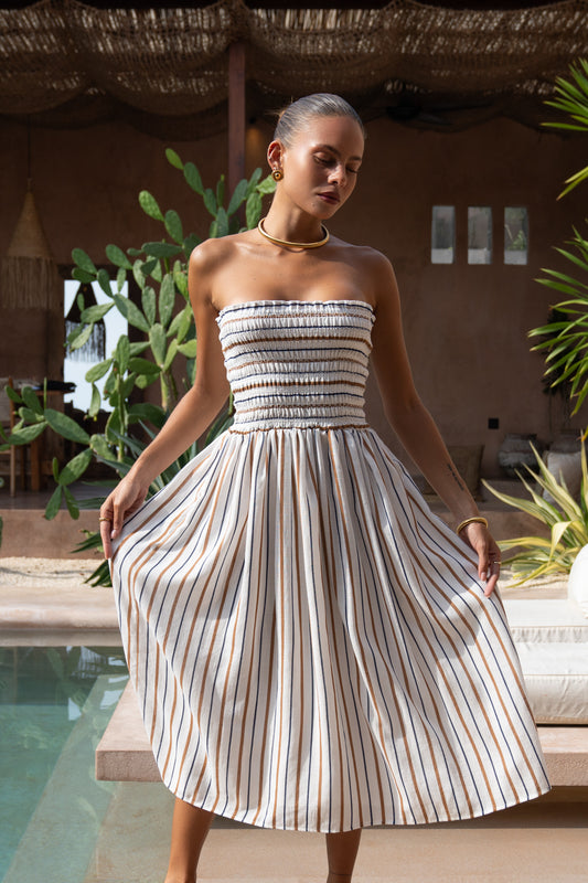 Sena Navy Brown Stripe Strapless Midi Dress