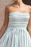 Sena Navy Green Stripe Strapless Midi Dress