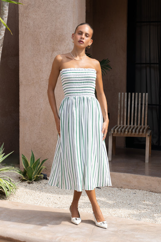 Sena Navy Green Stripe Strapless Midi Dress