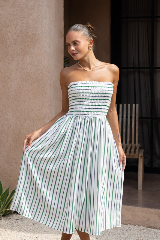 Sena Navy Green Stripe Strapless Midi Dress