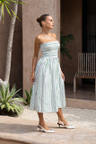 Sena Navy Green Stripe Strapless Midi Dress