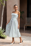 Sena Navy Green Stripe Strapless Midi Dress