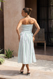 Sena Navy Green Stripe Strapless Midi Dress