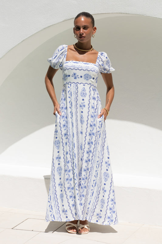 Antheia Blue Floral Puff Sleeve Maxi Dress