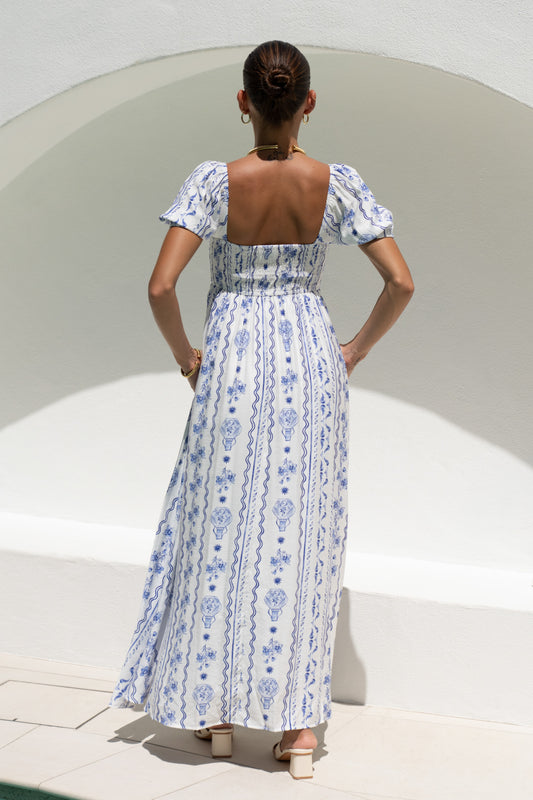 Antheia Blue Floral Puff Sleeve Maxi Dress