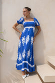 Lune Blue Abstract Puff Sleeve Maxi Dress