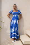 Lune Blue Abstract Puff Sleeve Maxi Dress