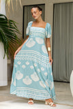 Nell Blue Abstract Puff Sleeve Maxi Dress