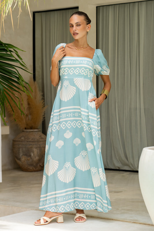 Nell Blue Abstract Puff Sleeve Maxi Dress