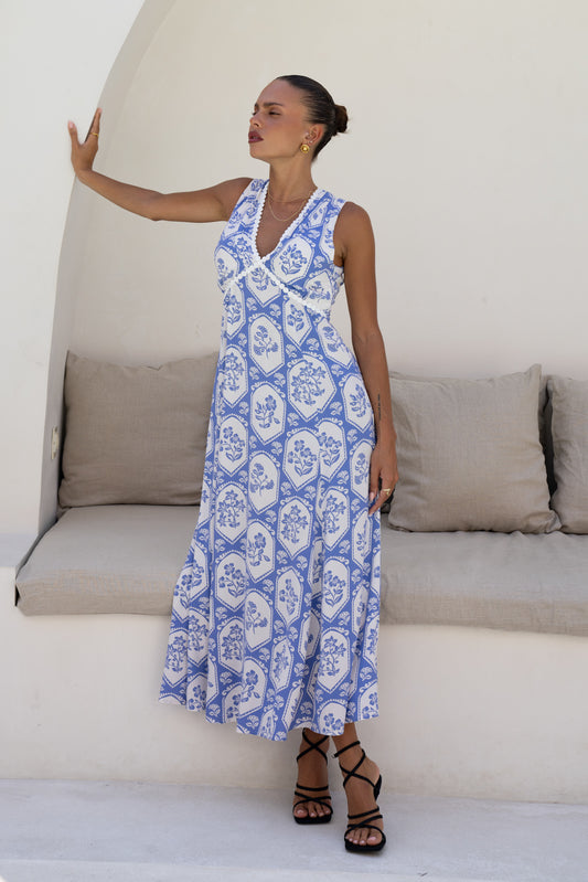 Delilah Blue Floral V-Neck Maxi Dress