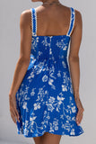 Lunaria Blue Floral Contrast Ric Rac Mini Dress