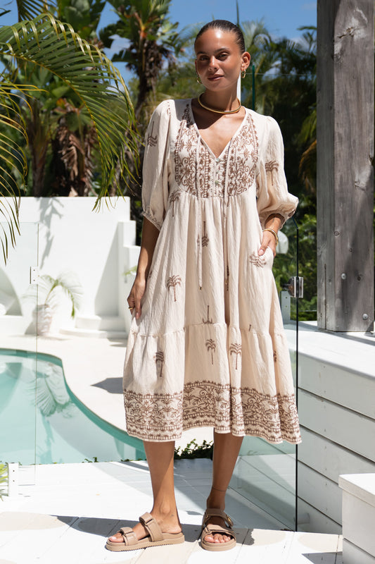 Kaena Brown Tropical Volume Sleeve Midi Dress