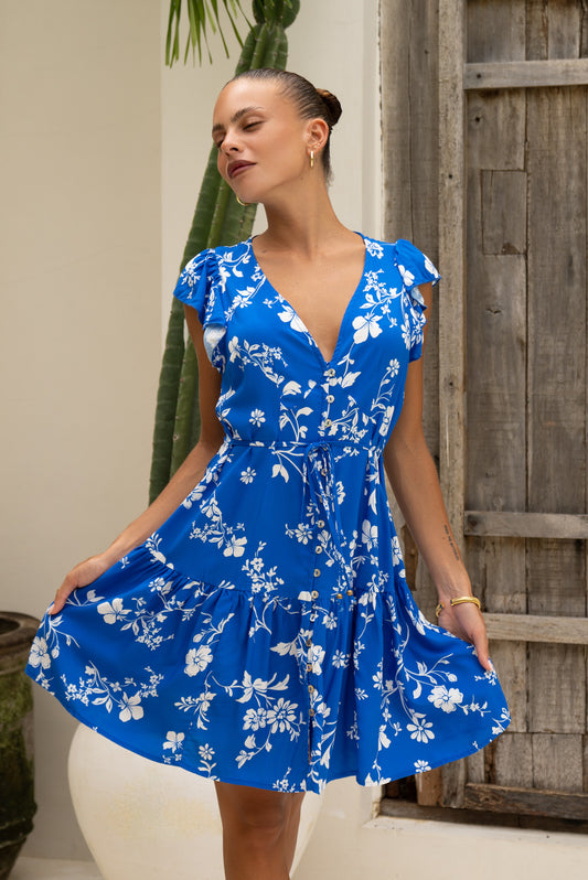 Lunaria Blue Floral Ruffle Mini Dress