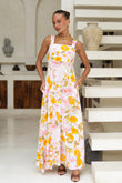 Evelia Yellow Pink Floral Square Neck Flared Maxi Dress