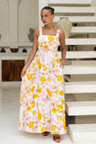 Evelia Yellow Pink Floral Square Neck Flared Maxi Dress