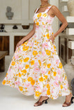 Evelia Yellow Pink Floral Square Neck Flared Maxi Dress