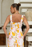 Evelia Yellow Pink Floral Square Neck Flared Maxi Dress