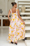 Evelia Yellow Pink Floral Square Neck Flared Maxi Dress