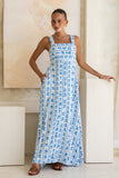 Azulena Blue Boho Floral Square Neck Flared Maxi Dress