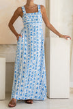 Azulena Blue Boho Floral Square Neck Flared Maxi Dress