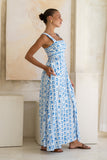 Azulena Blue Boho Floral Square Neck Flared Maxi Dress