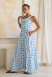 Azulena Blue Boho Floral Square Neck Flared Maxi Dress