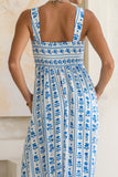 Azulena Blue Boho Floral Square Neck Flared Maxi Dress