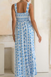 Azulena Blue Boho Floral Square Neck Flared Maxi Dress