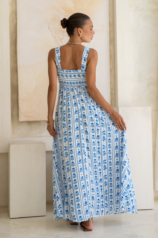 Azulena Blue Boho Floral Square Neck Flared Maxi Dress