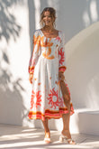 Soletta Coral Pink Tropical Long Sleeve Corset Maxi Dress