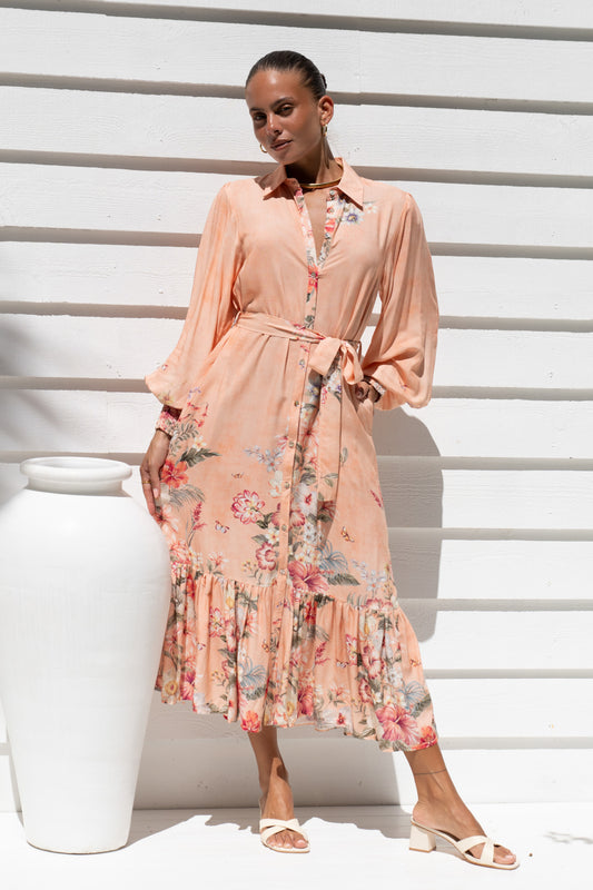 Charlotte Pink Floral Long Sleeve Midi Dress