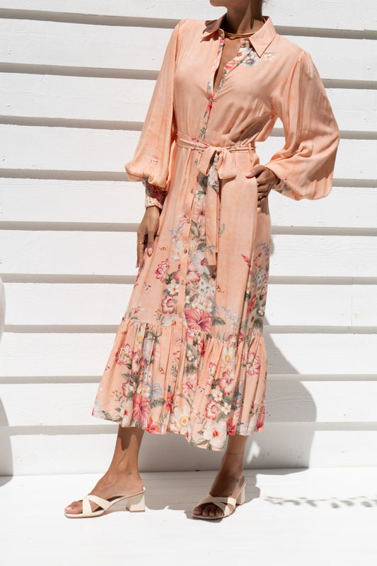 Charlotte Pink Floral Long Sleeve Midi Dress