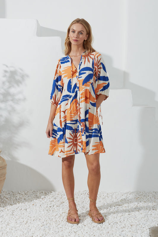 Tropicana Blue Orange Abstract Button Down Mini Dress