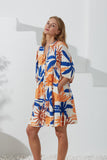 Tropicana Blue Orange Abstract Button Down Mini Dress