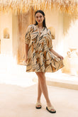 Rue Beige Abstract Button Down Mini Dress