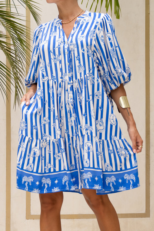 Nerina Blue Abstract Stripe Button Down Mini Dress