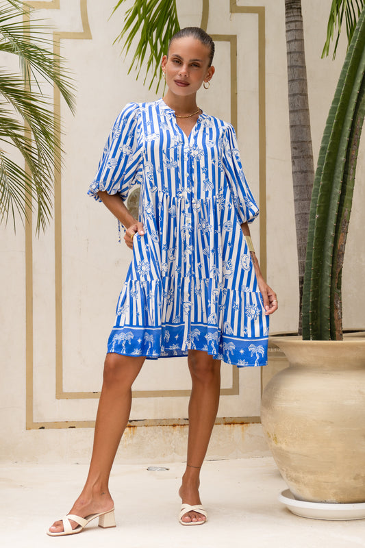 Nerina Blue Abstract Stripe Button Down Mini Dress