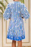 Nerina Blue Abstract Stripe Button Down Mini Dress